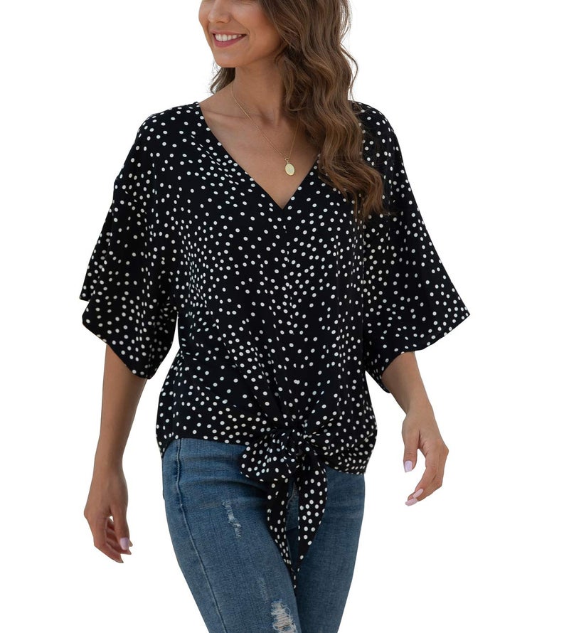VIISHOW Women Bell Sleeve Shirt Tie Knot Casual Chiffon Blouses Tops(Black Dot,X-Large) - Image 3